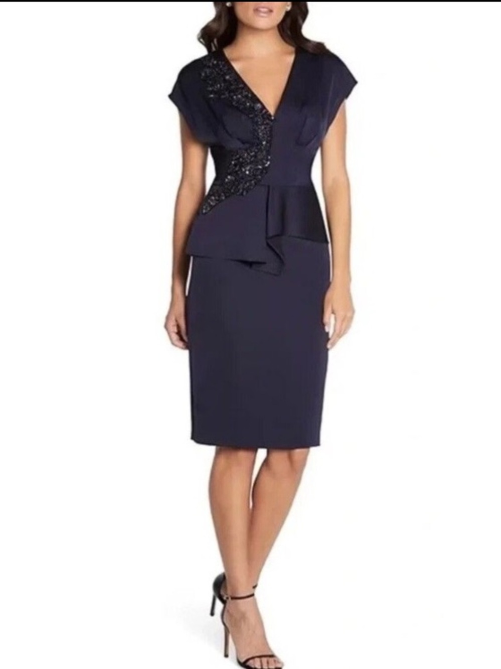 Aidan Mattox Sequin Lace Applique V-Neck Cap Sleeve Peplum Satin Cocktail Dress